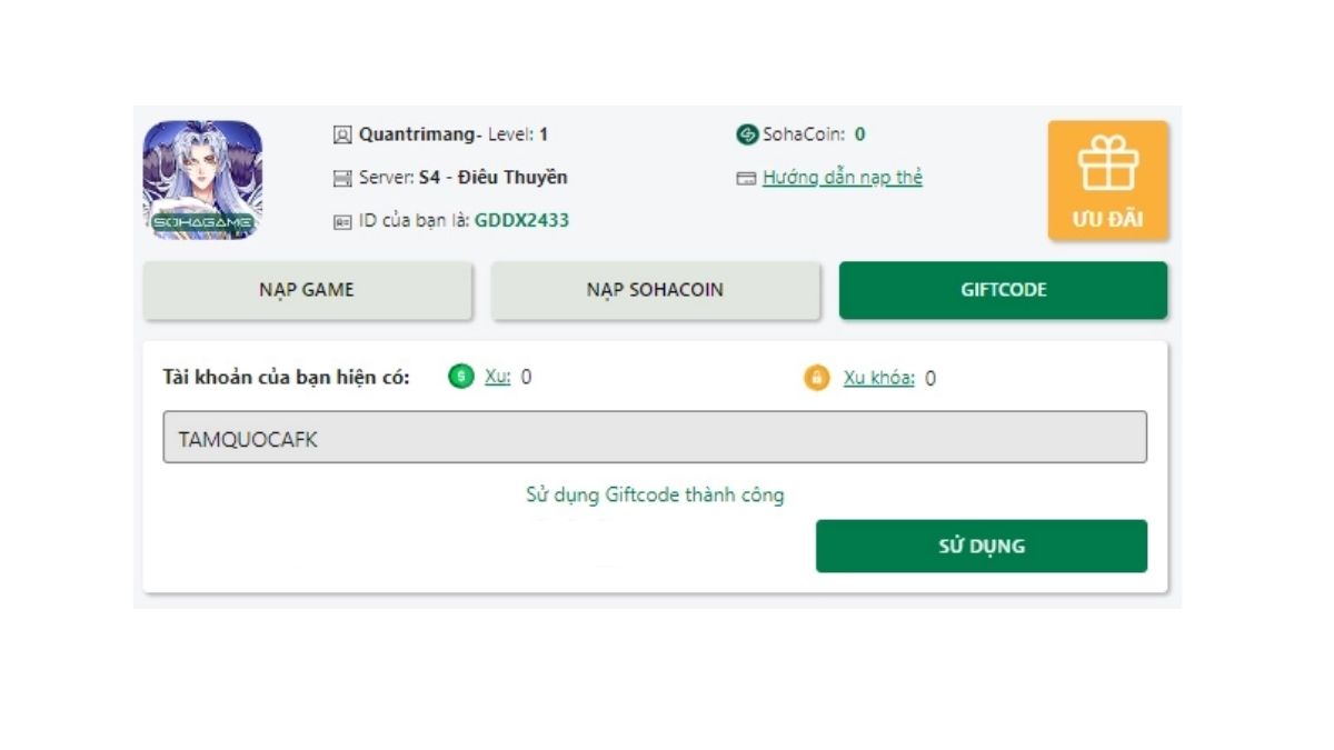 Cách nhập code Hư Linh Tam Quốc 2023 mới nhất bước 4
