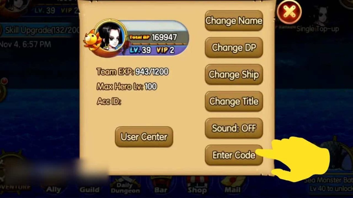 Cách nhập code Sunny Pirates đơn giản bước 2