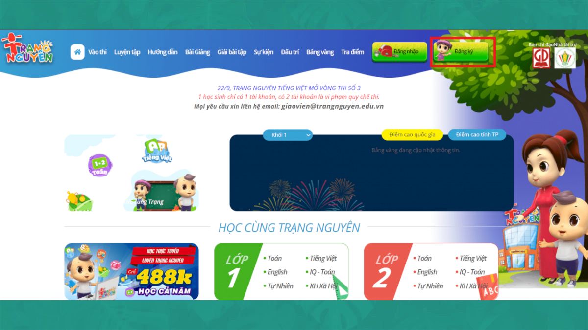Cách đăng ký tài khoản Trạng Nguyên Tiếng Việt bước 1