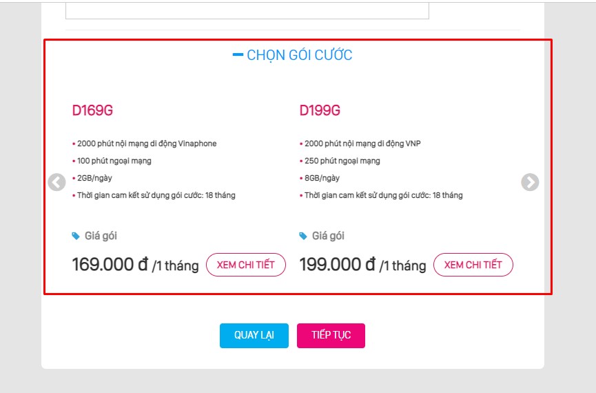 Nhấn chọn vào gói cước phù hợp