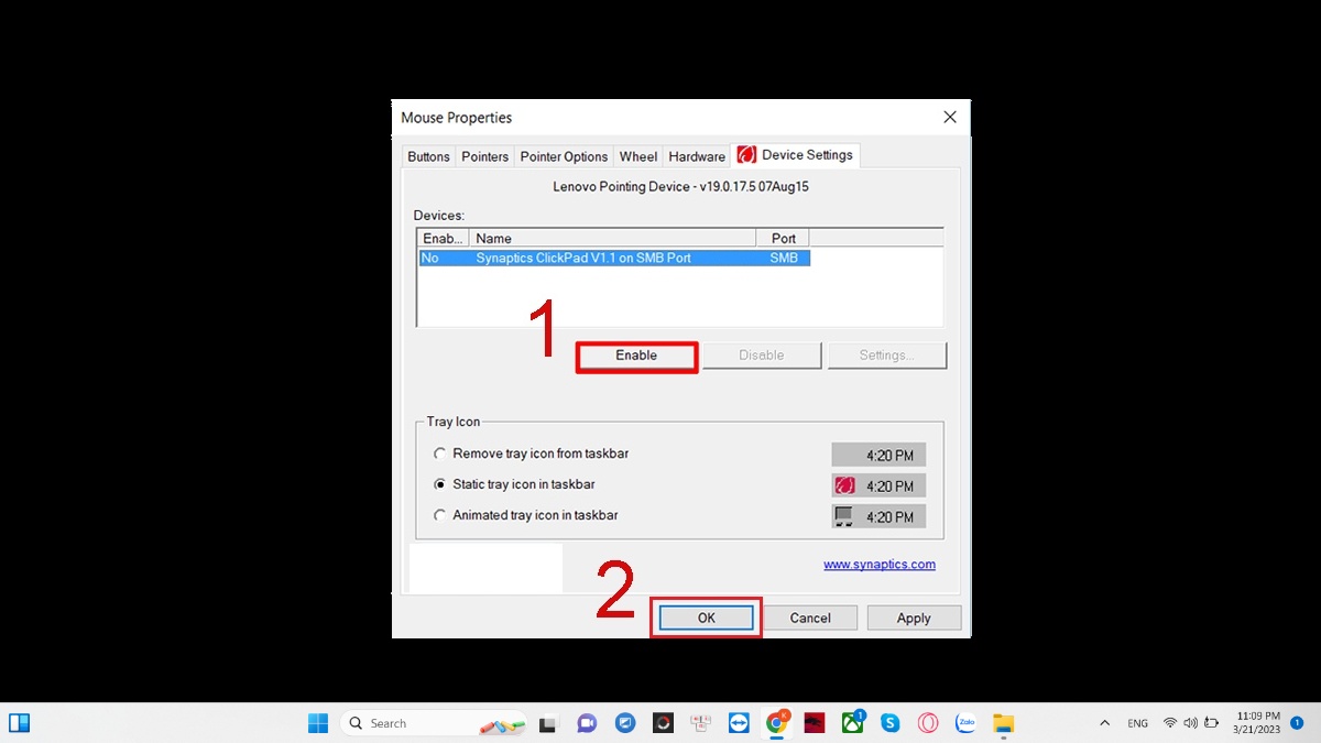 Kích hoạt lại khi chuột cảm ứng laptop không di chuyển được Win 11, 10, 8. 7 trong Mouse Properties bước 3