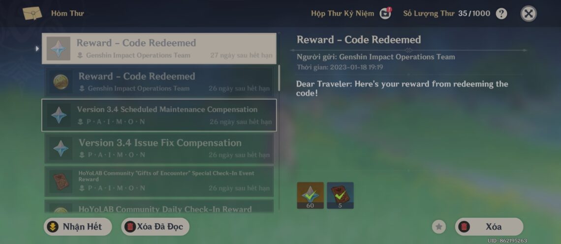 Nhận quà từ code Genshin Impact