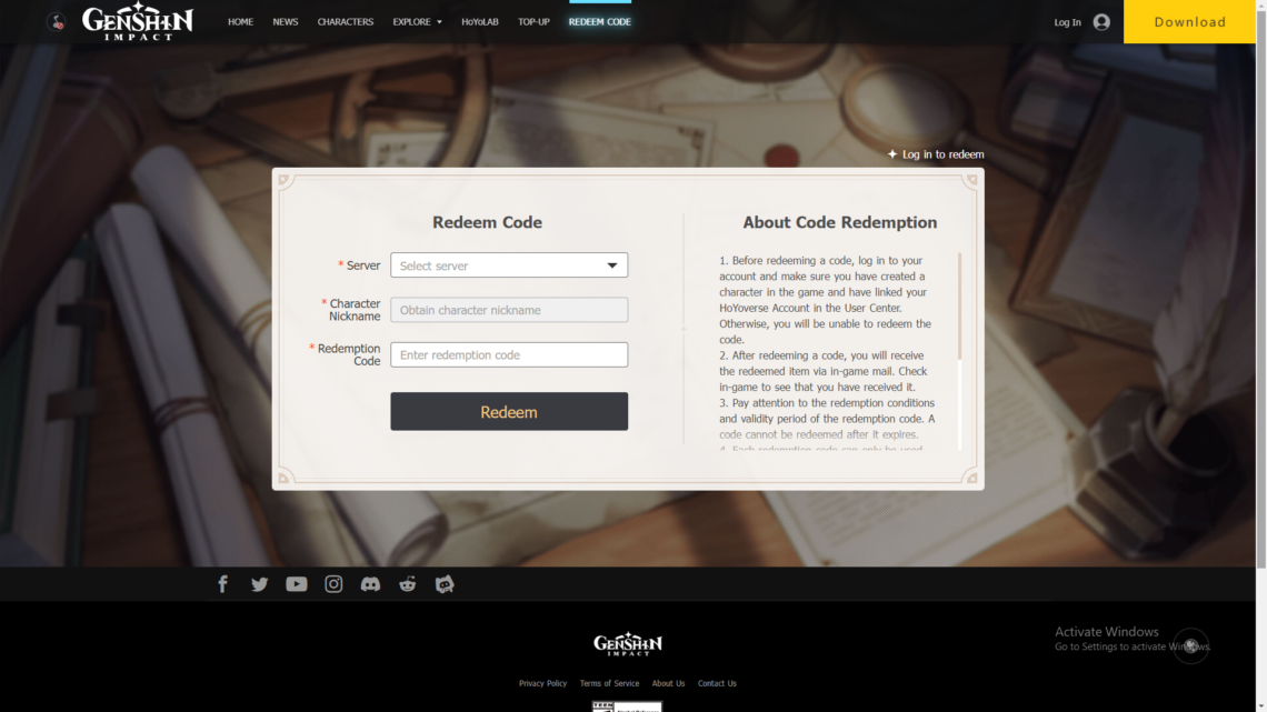 Nhập code genshin impact từ website