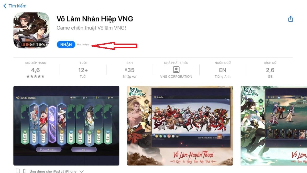Nhấn vào “nhận” để tải game Võ Lâm Nhàn Hiệp từ App Store