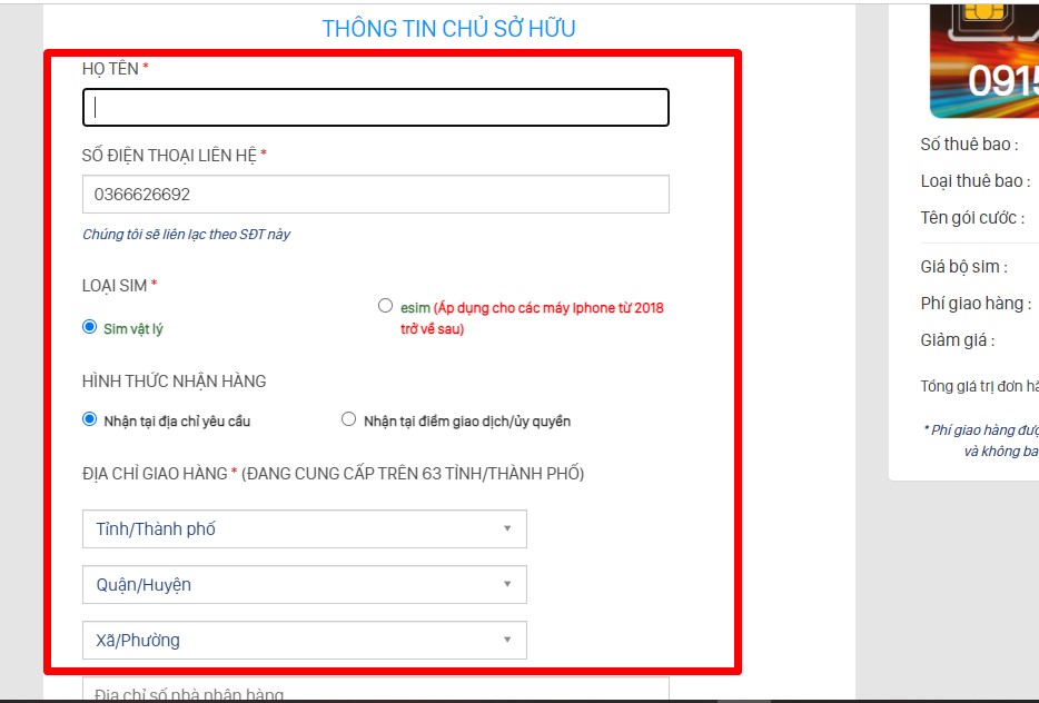 Điền đầy đủ thông tin và chọn hình thức mua hàng