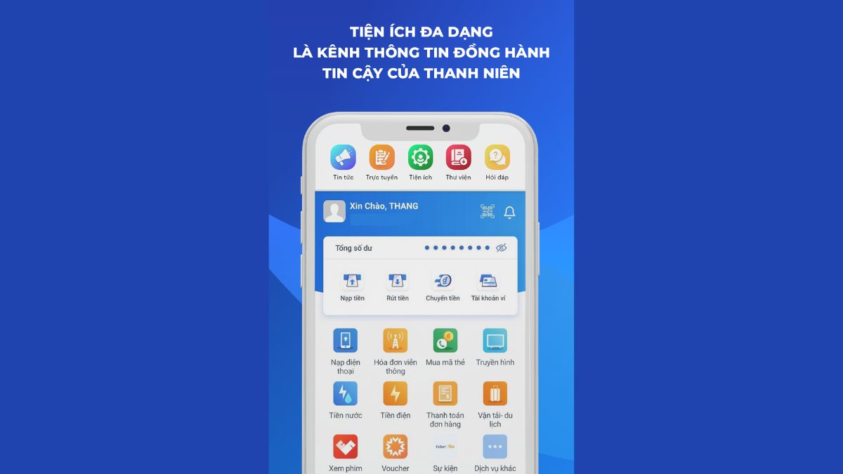 App Đoàn Thanh niên Việt Nam hỗ trợ thanh toán điện nước, internet, học phí, vé xe,..