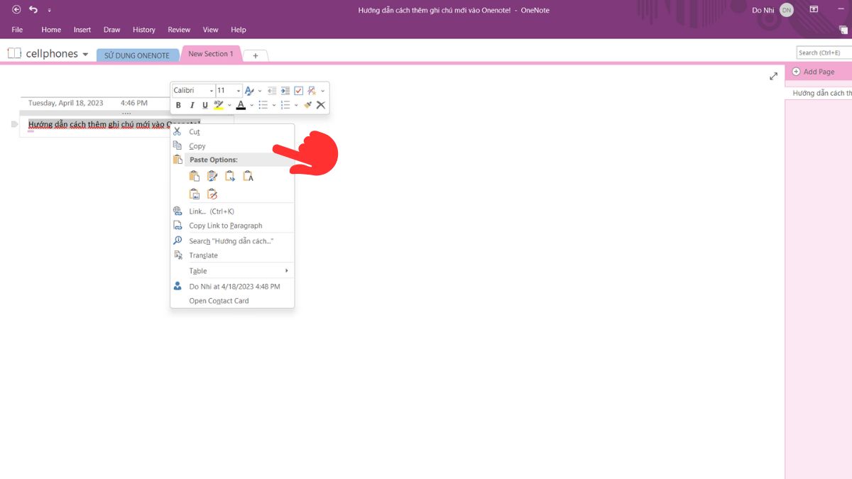 Cách sử dụng Onenote thêm ghi chú mới bước 2