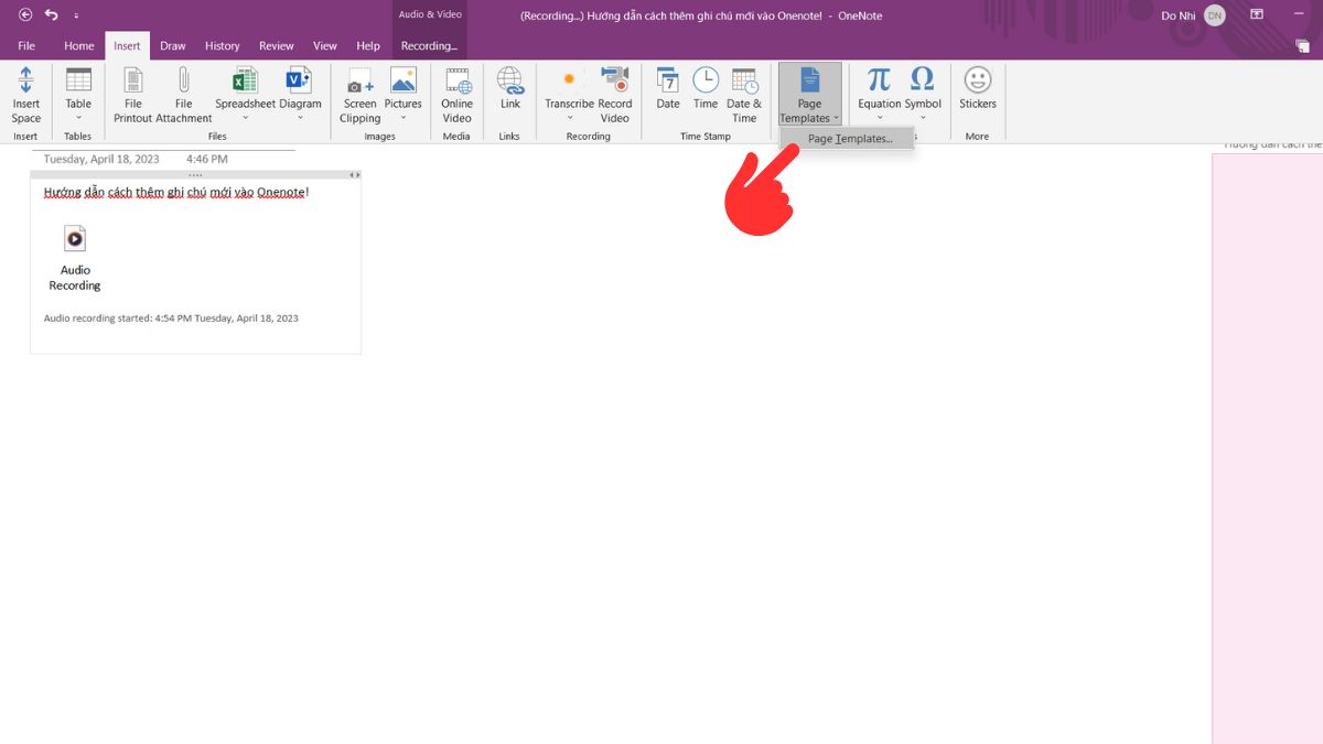 Cách sử dụng Onenote thêm mẫu templates bước 1