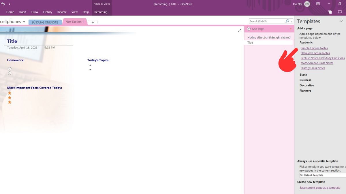 Cách sử dụng Onenote thêm mẫu templates bước 2