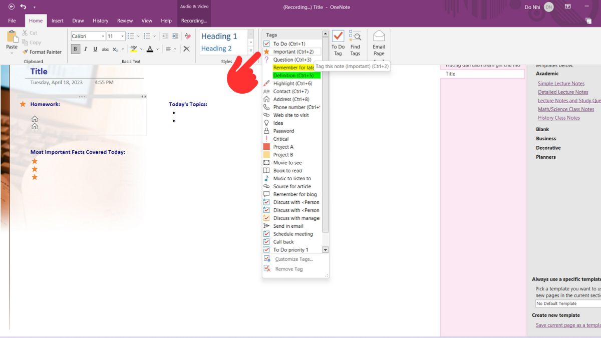 Cách sử dụng Onenote thêm thẻ đánh dấu ghi chú quan trọng