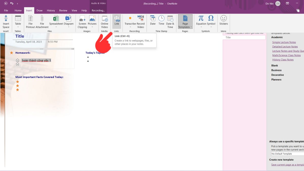 Cách sử dụng Onenote thêm liên kết trong nội dung bước 1