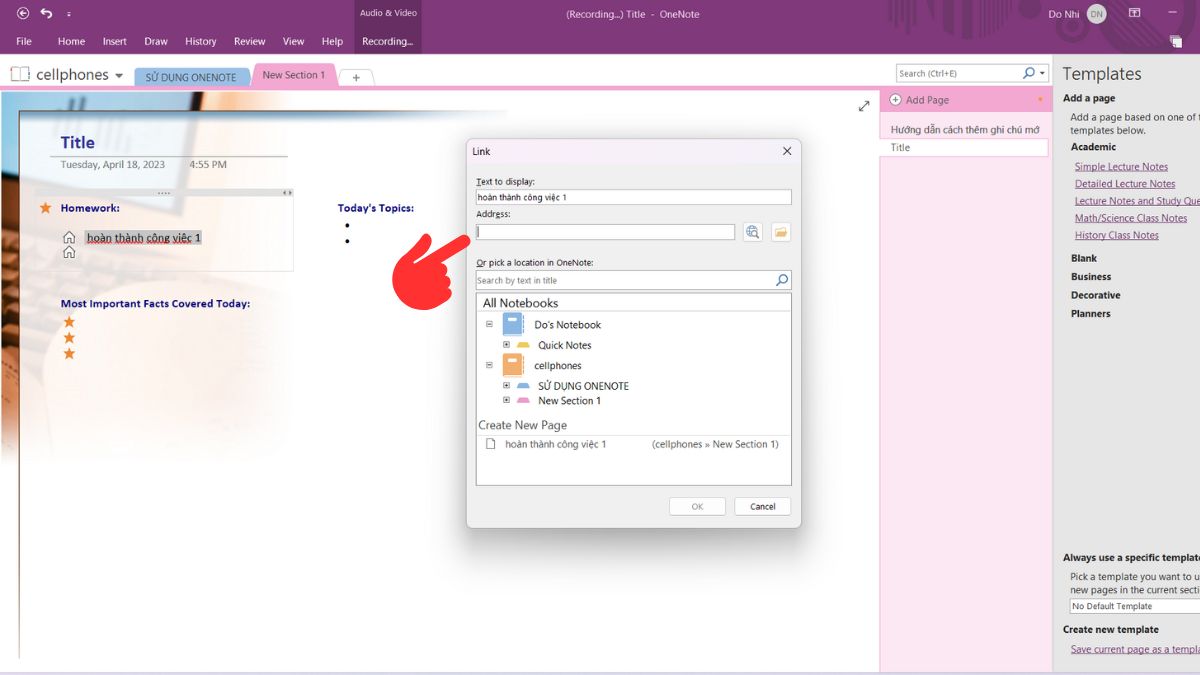 Cách sử dụng Onenote thêm liên kết trong nội dung bước 2