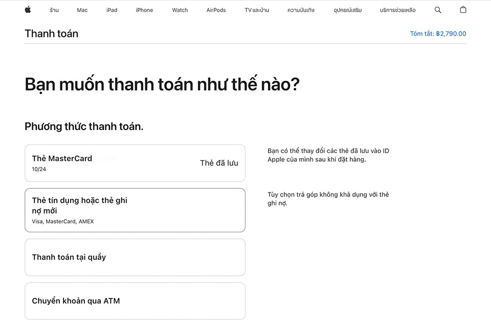 Thanh toán trên Apple Store Online