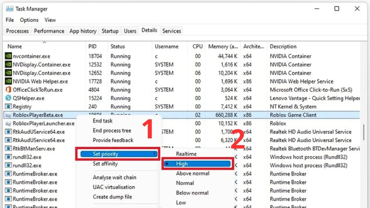 cách fix lỗi roblox crash - đặt mức độ ưu tiên roblox crash trong trình quản lý tác vụ bước 3