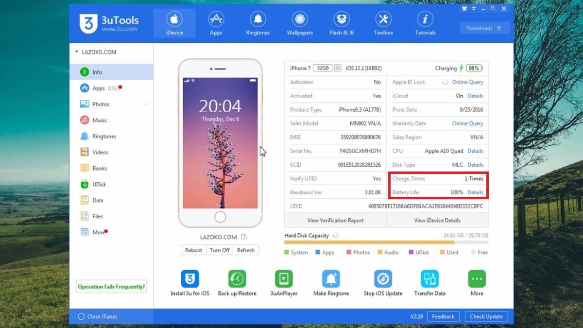 Cách kiểm tra pin iPhone trên máy tính bằng phần mềm 3uTools bước 3