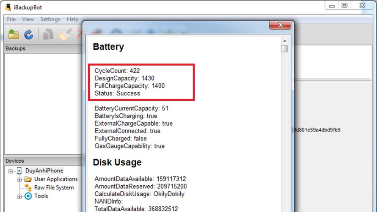Kiểm tra pin iPhone có bị chai bằng iBackupbot - bước 2