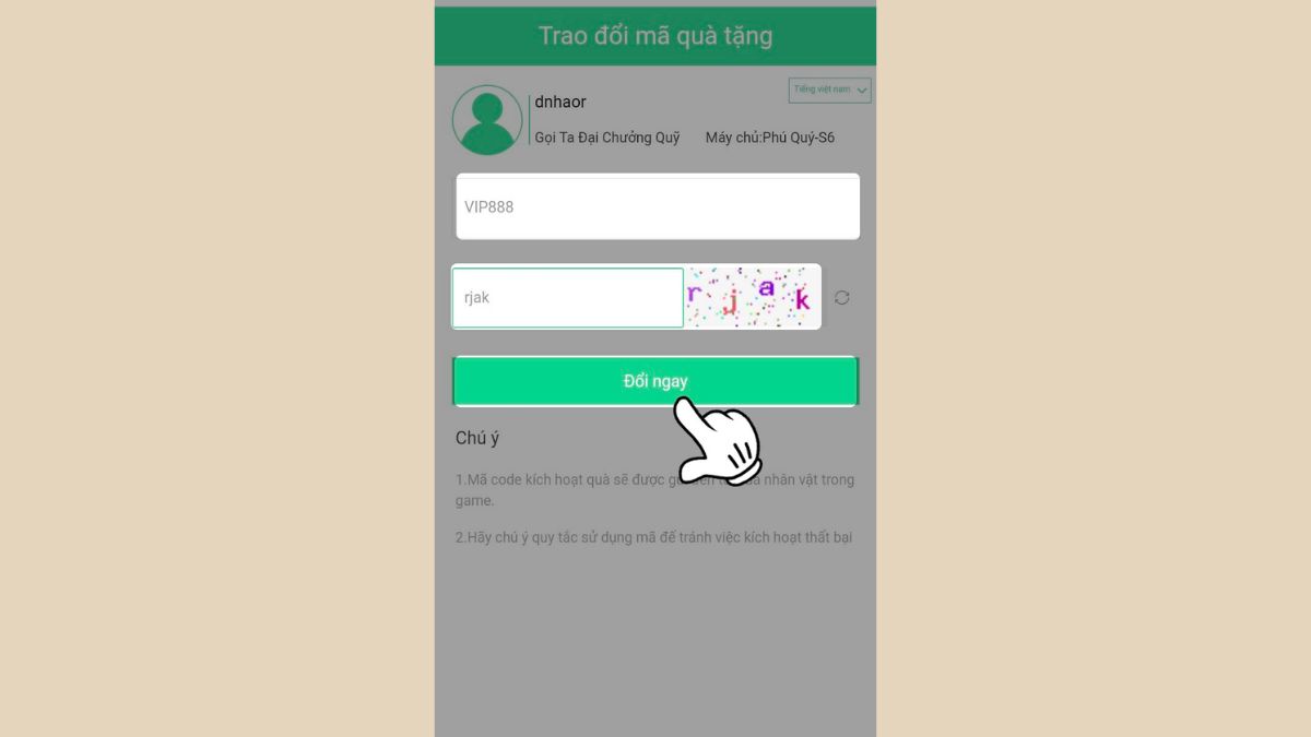 Hướng dẫn cách nhập code gọi ta là đại chưởng quỹ đơn giản bước 3