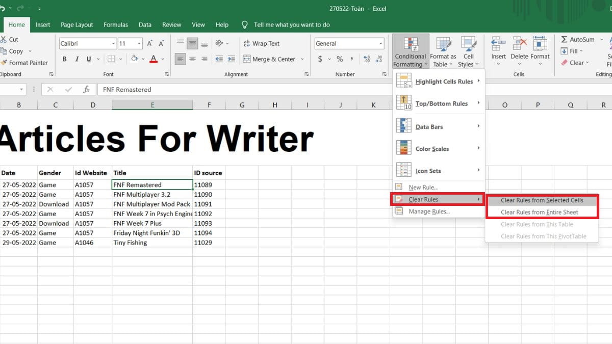 Cách giảm dung lượng tệp Excel bằng cách xóa định dạng ô
