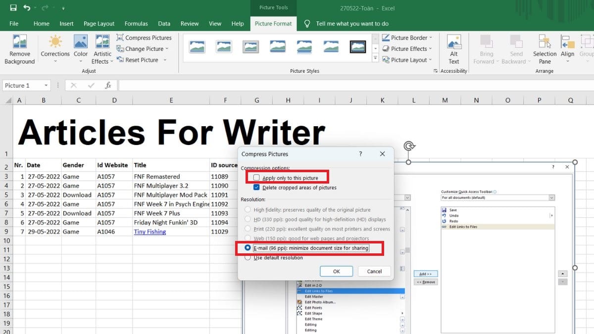 Bước 2: Cách giảm dung lượng file Excel bằng cách nén toàn bộ ảnh trong Excel