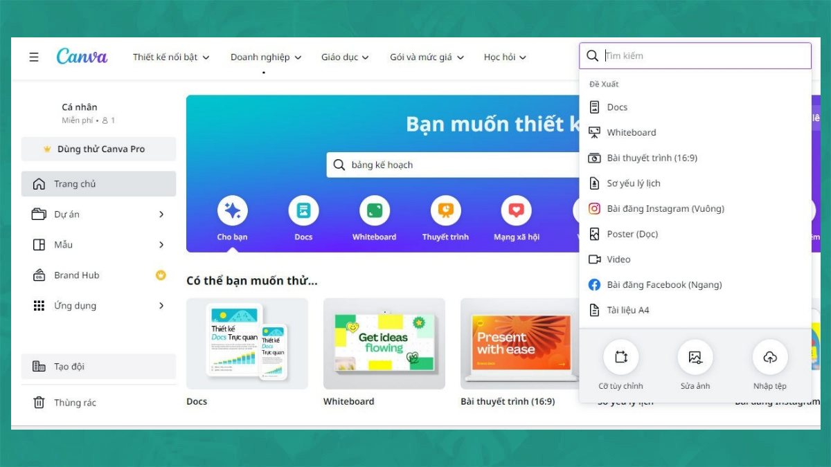 Cách tạo bảng trong Canva trên máy tính bước 1 