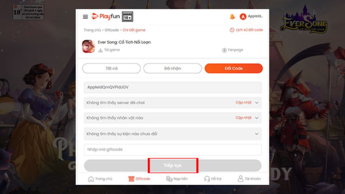 Cách nhập code Ever Song đơn giản nhất bước 3 