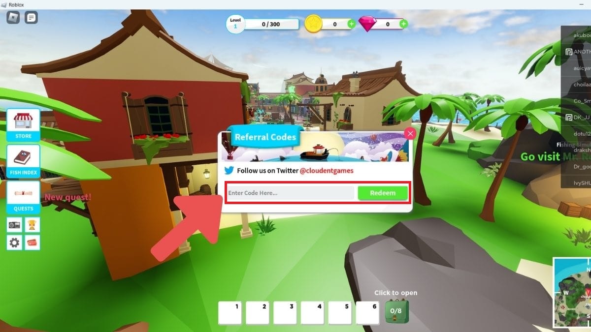 Cách nhập code Fishing Simulator bước 3