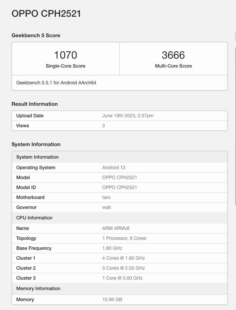 OPPO Reno 10 Pro+ 5G Geekbench