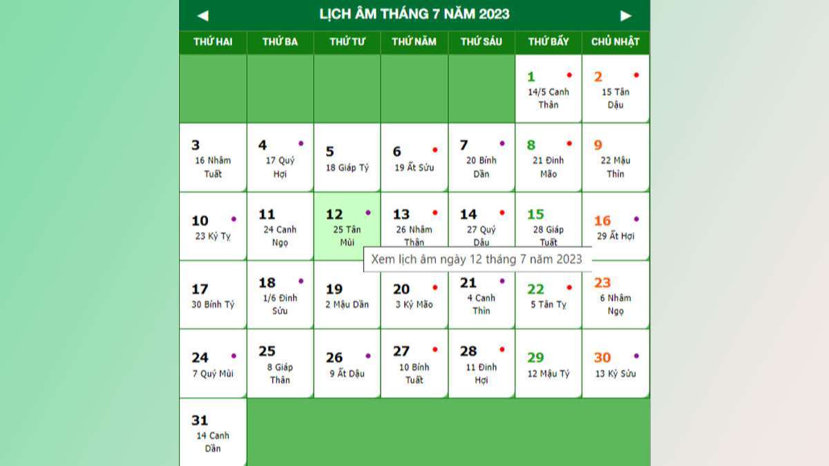 Lịch âm tháng 7 năm 2023