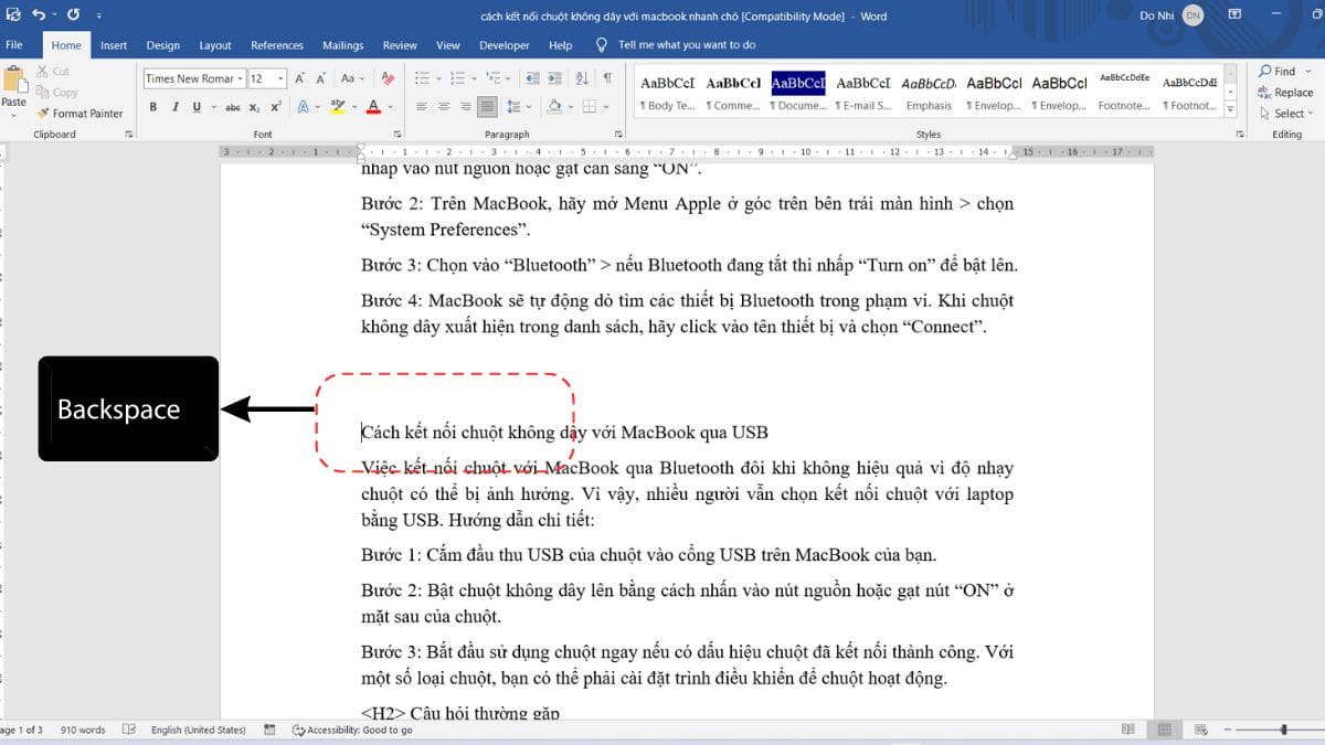 Cách xóa khoảng trắng trong word bằng phím Backspace