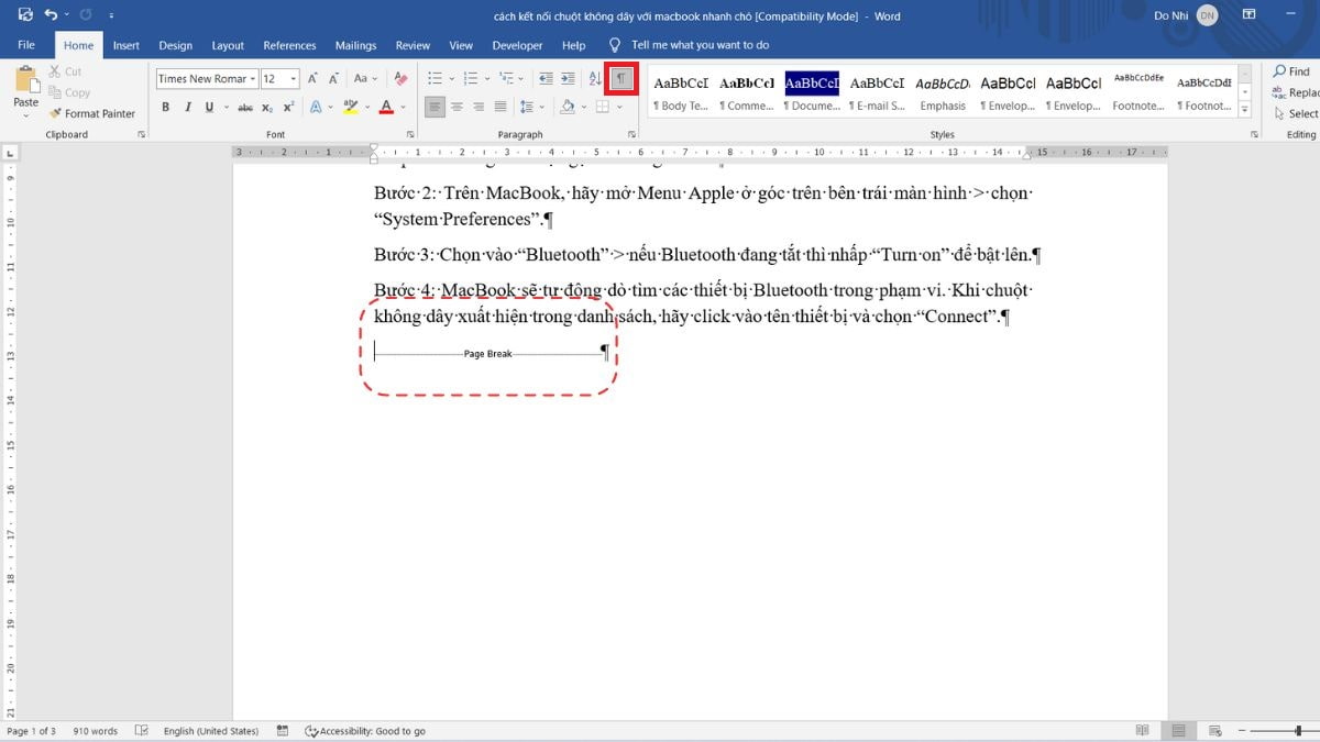 Bước 1: Xóa khoảng trắng giữa các đoạn các trang trong word bằng cách xóa Page Break