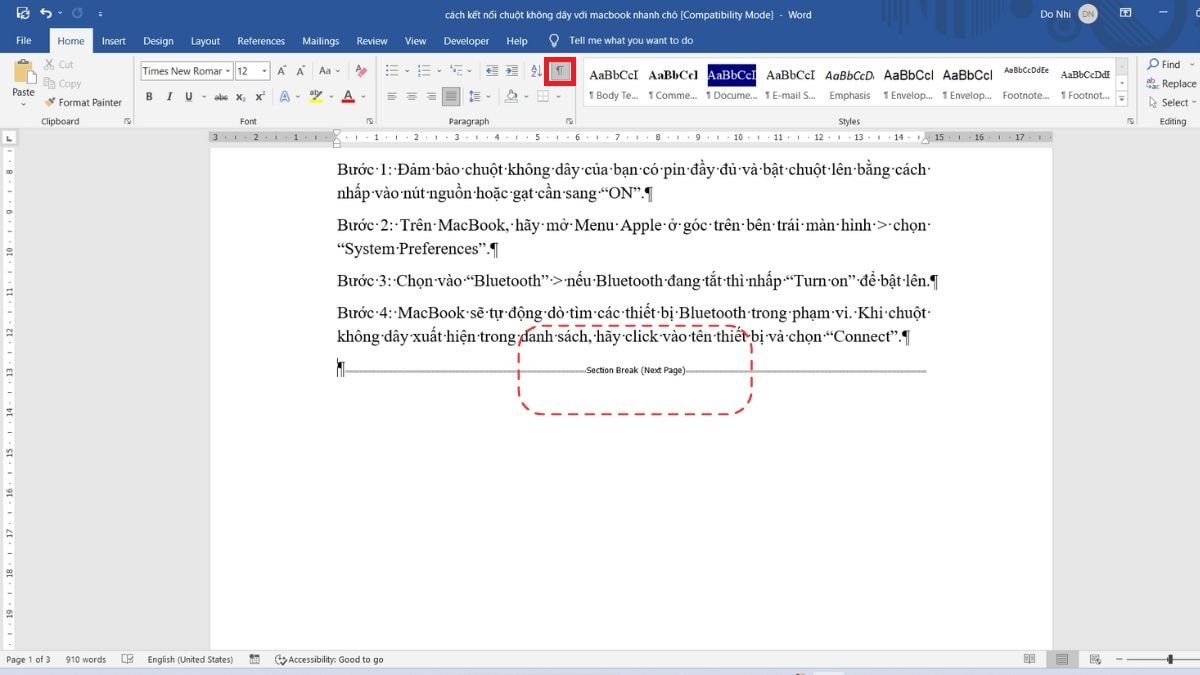 Bước 1: Xóa khoảng trắng giữa các đoạn các trang trong word bằng cách Section Break