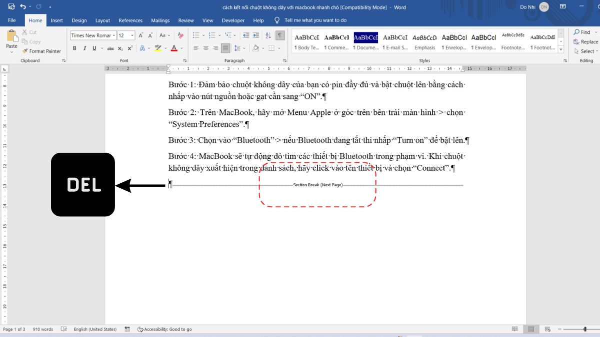 Bước 2: Xóa khoảng trắng giữa các đoạn các trang trong word bằng cách Section Break