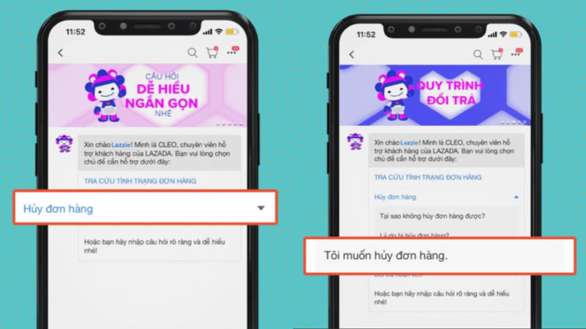 Cách hủy đơn hàng trên Lazada qua chat CLEO bước 2 