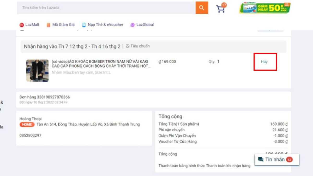Cách hủy đơn hàng trên Lazada khi chưa đóng gói bằng máy tính bước 4 