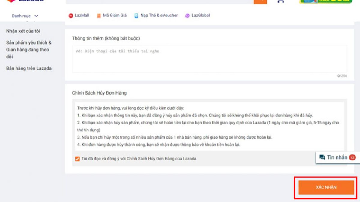 Cách hủy đơn hàng trên Lazada khi chưa đóng gói bằng máy tính bước 5 