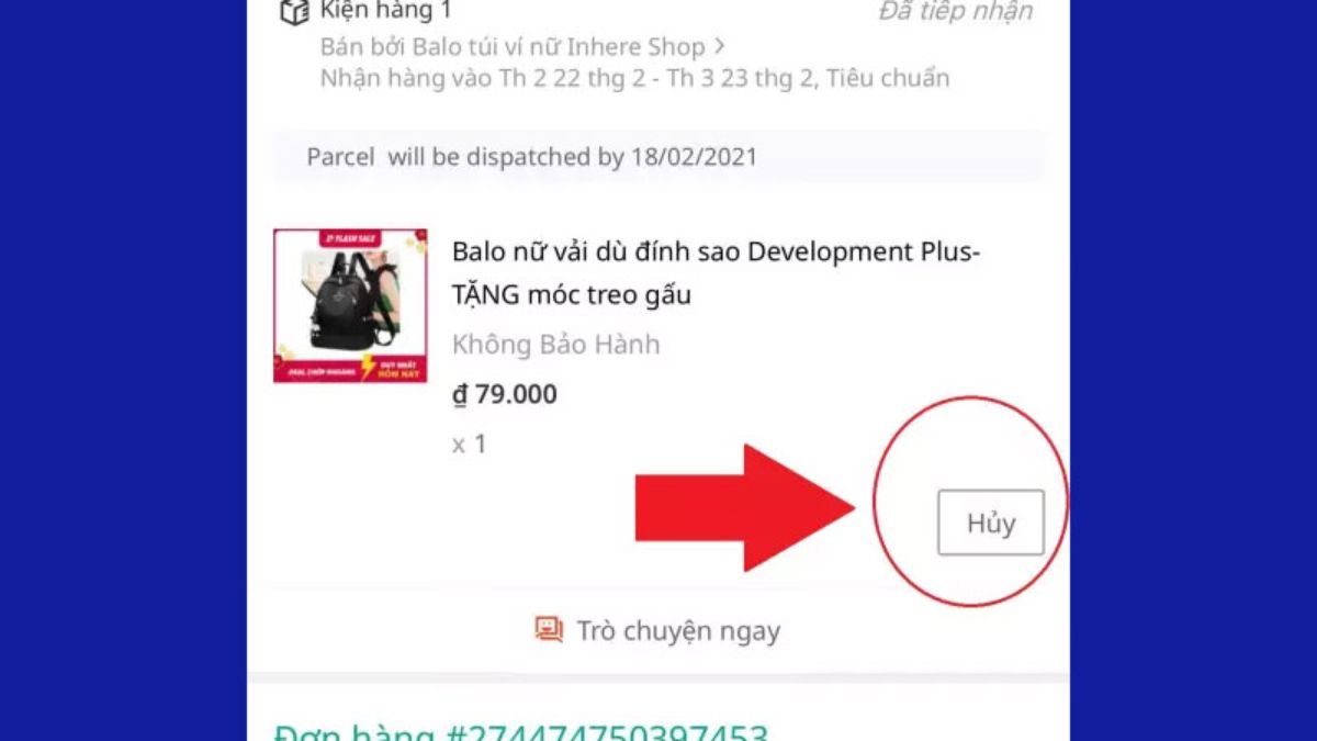 Cách hủy đơn hàng trên Lazada khi chưa đóng gói bằng điện thoại bước 3 