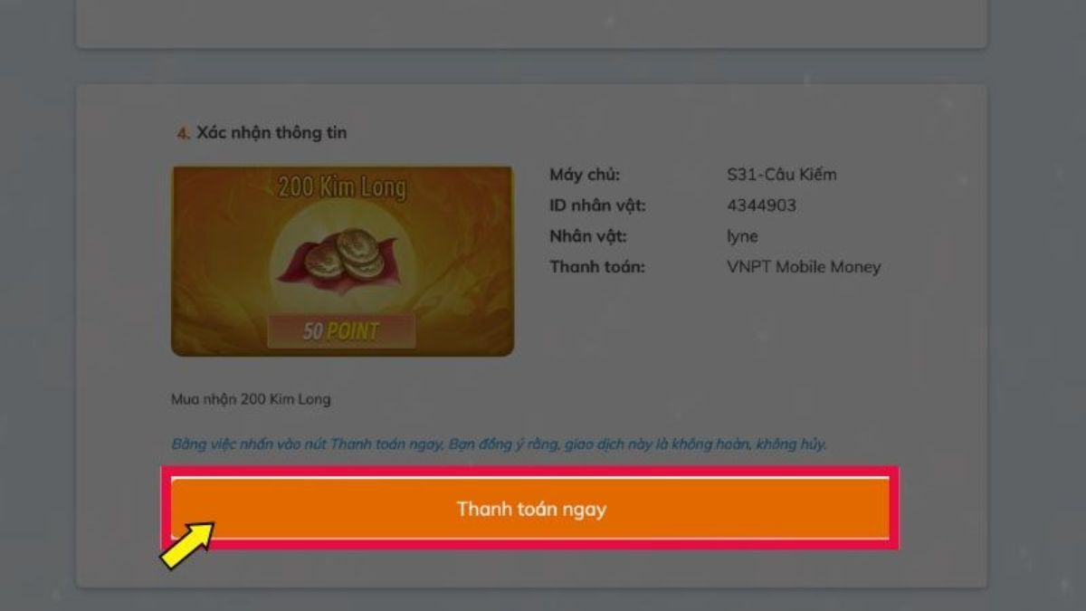 Cách nạp kiếm thế origin qua web cổng nạp VNG bước 5