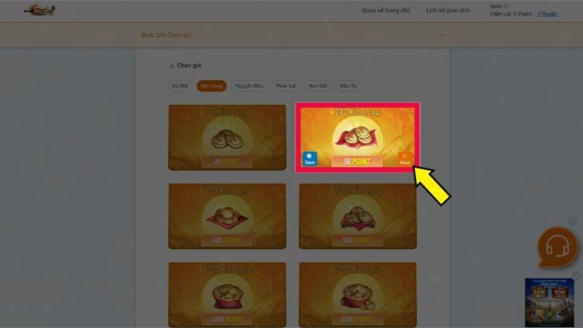Cách nạp kiếm thế origin qua web cổng nạp VNG bước 3
