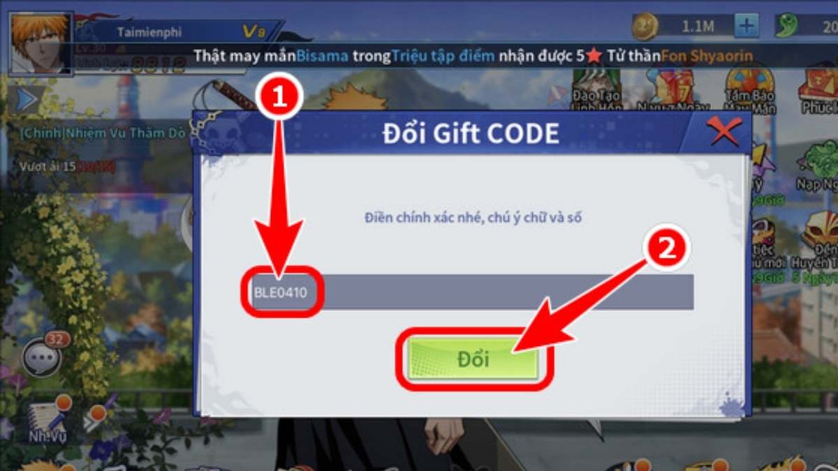 Cách nhập code Bleach Huyết Chiến bước 2