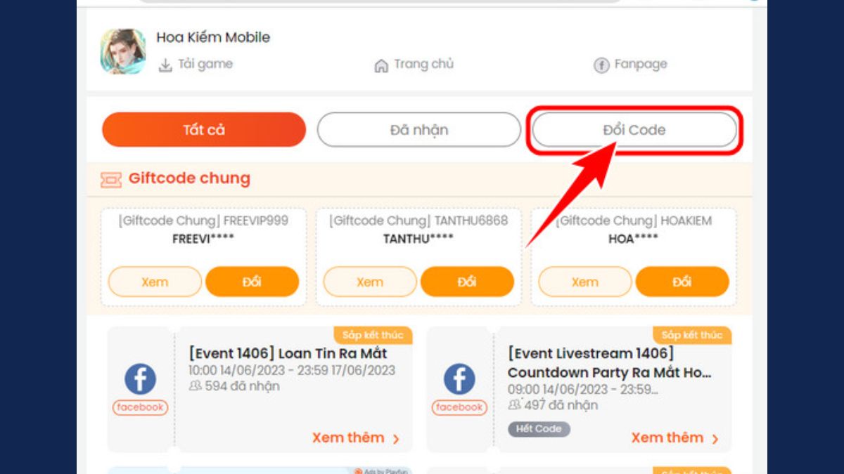 Cách nhập code Hoa Kiếm Mobile bước 1