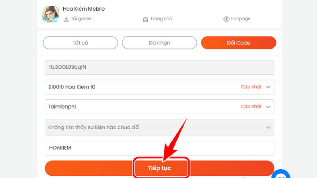Cách nhập code Hoa Kiếm Mobile bước 2