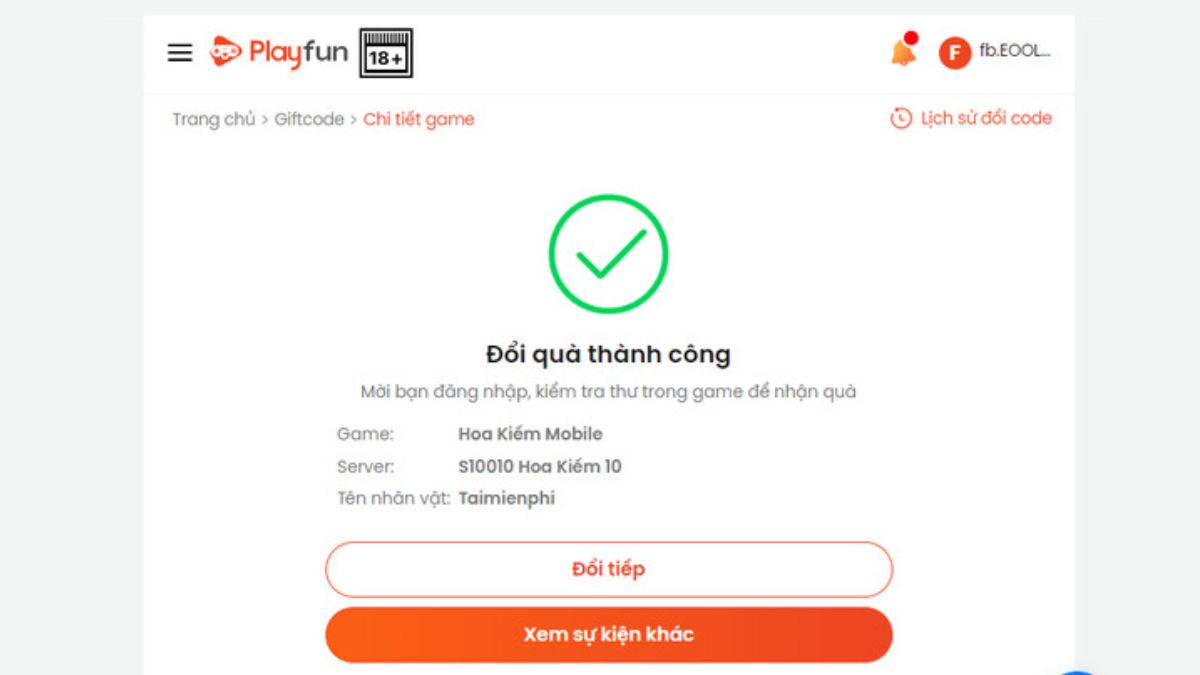 Cách nhập code Hoa Kiếm Mobile bước 3