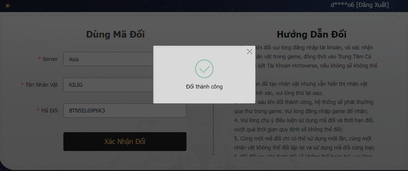 Đổi mã thành công 