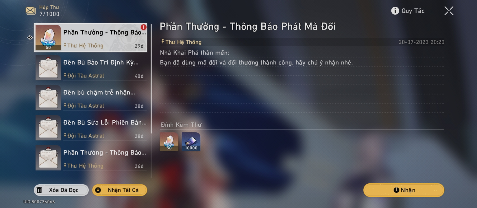 Nhận quà trong hộp thư 