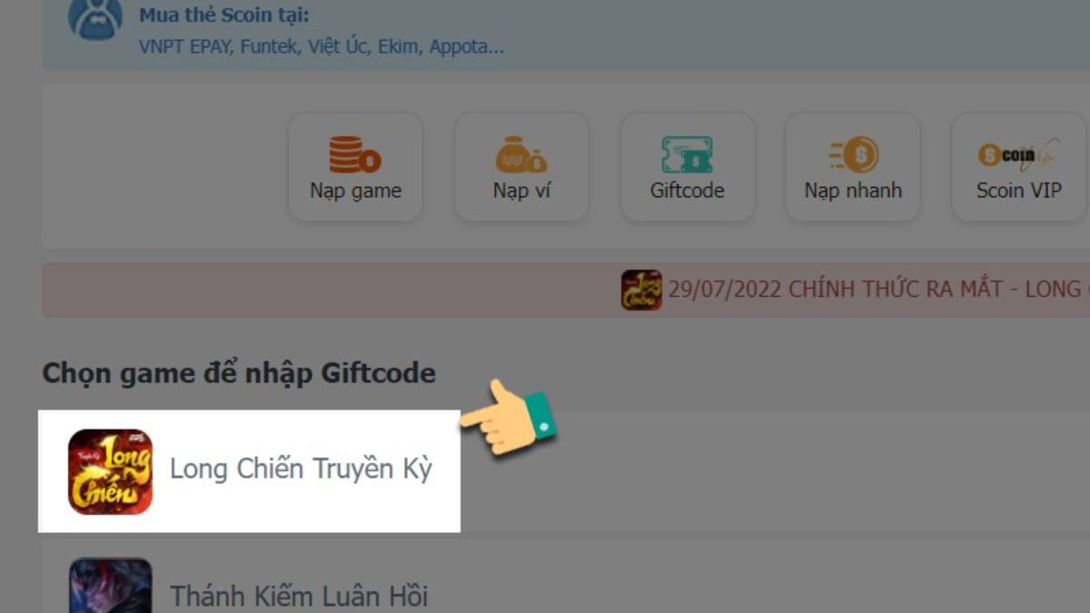 Cách nhập code Long Chiến Truyền Kỳ bước 3
