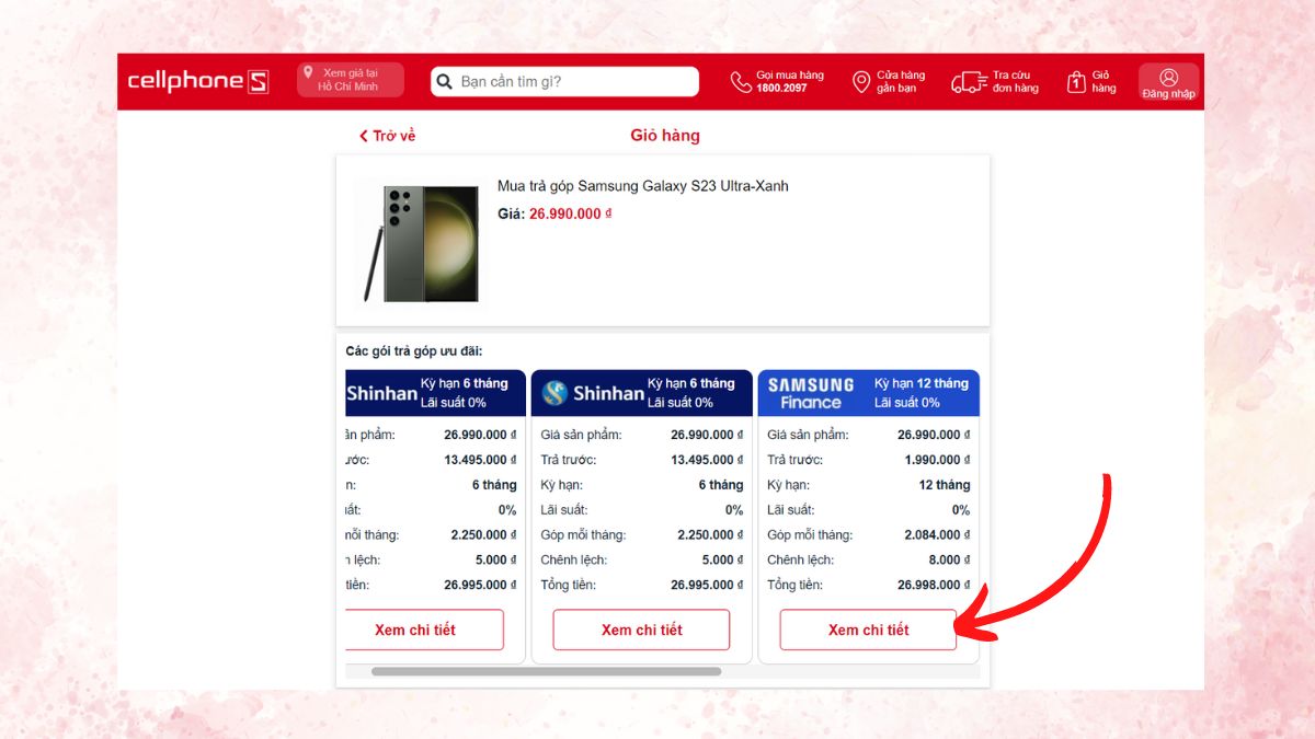 Hướng dẫn xem trước giá tiền sản phẩm trước khi mua trả góp bằng Samsung Finance+ - bước 2