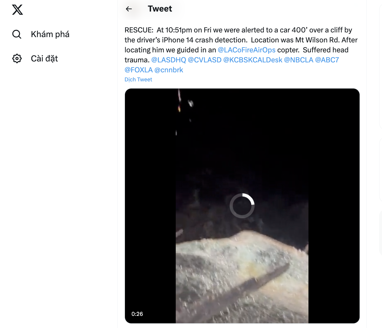 iPhone 14 của anh ấy, được trang bị tính năng Phát hiện sự cố và đã tự liên hệ với các cơ quan chức năng và kích hoạt một chiến dịch giải cứu
