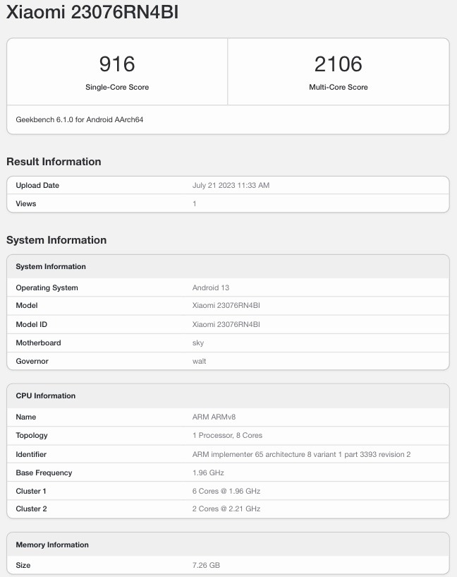 Xiaomi Redmi 12 5G Geekbench