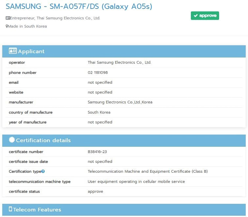 Galaxy A05s đạt chứng nhận NBTC