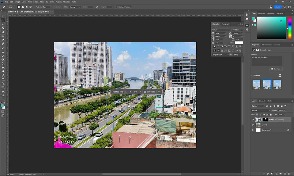 Photoshop beta 25.0 đã dùng AI để thêm tòa nhà cao tầng vào ảnh